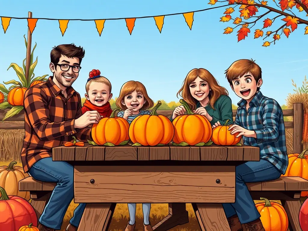 A family carving pumpkins together at a table outdoors, surrounded by colorful fall decorations.