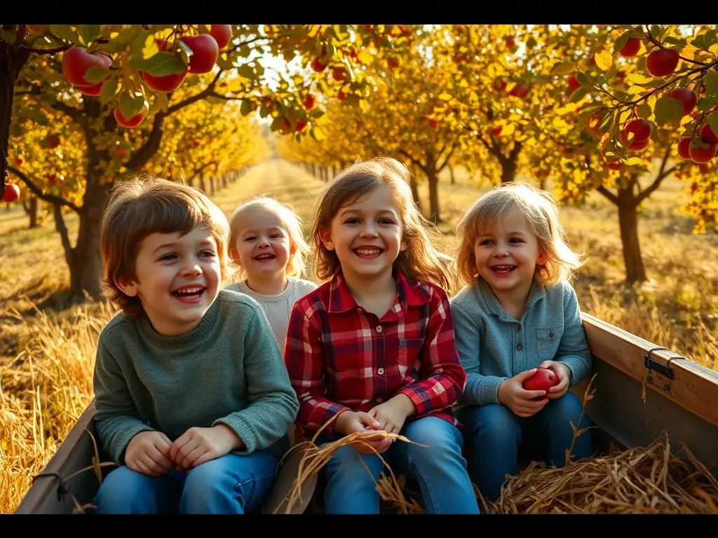 A group of children laughing and enjoying a hayride through the apple orchard on a sunny autumn day.
