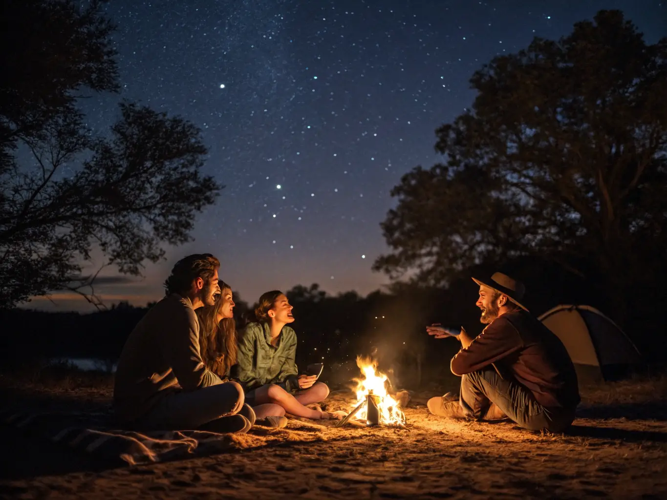 A group of people roasting marshmallows around a bonfire at night, with string lights illuminating the scene.