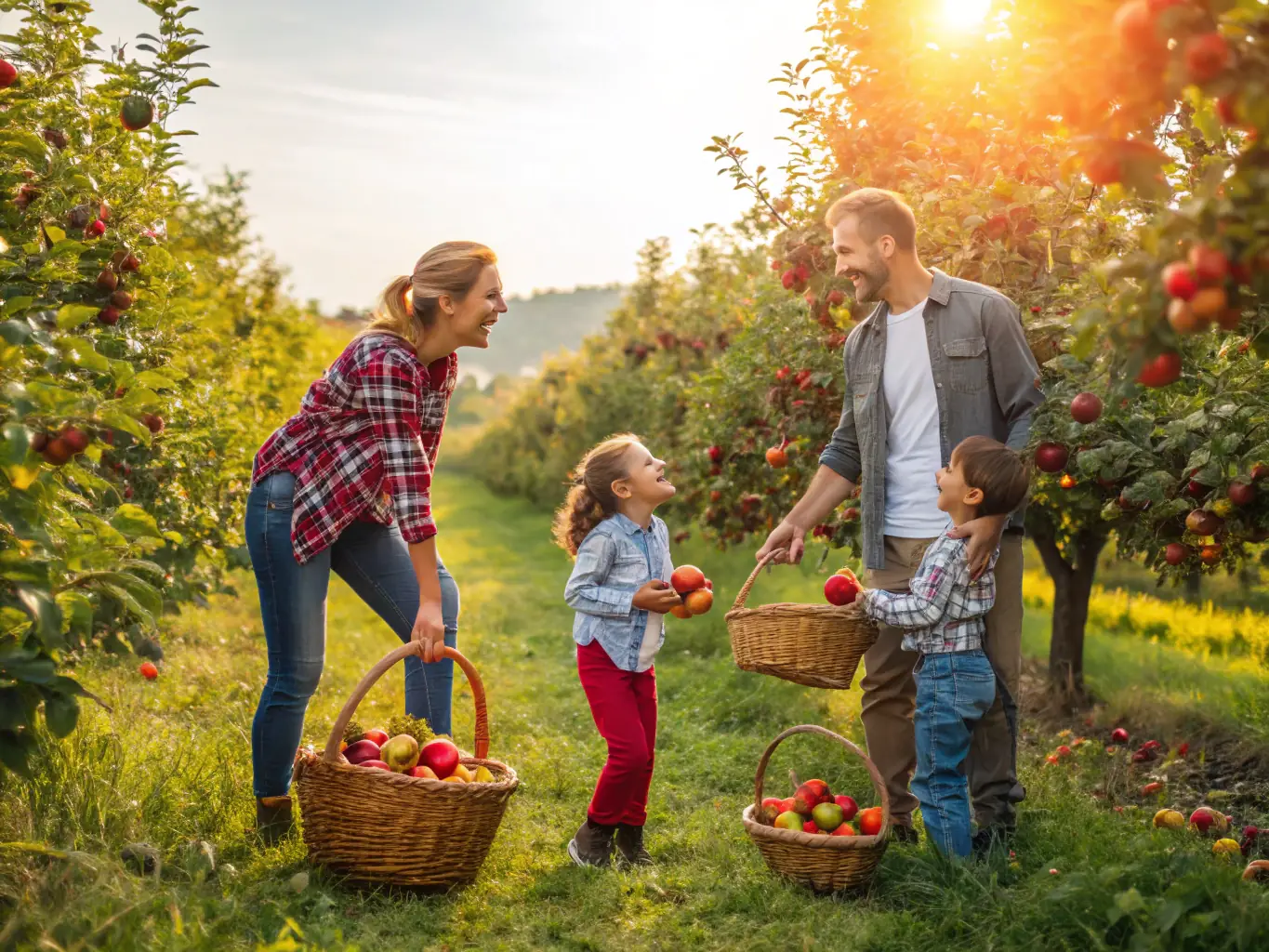 A family laughing together while picking apples in a sunny orchard, showcasing the joy and togetherness of the activity.